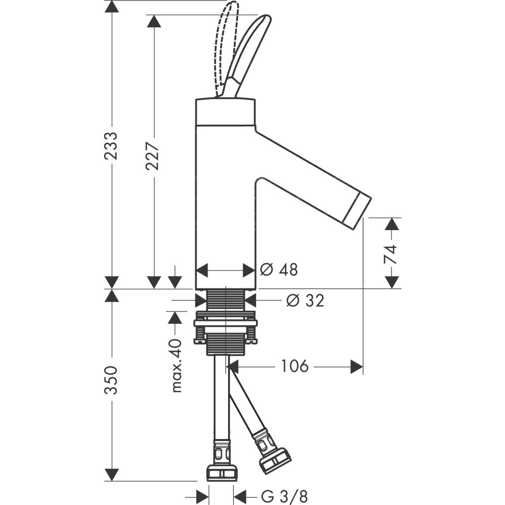 Смеситель для раковины Axor Starck 70, однорычажный, с не запираемым сливным набором, 10018800, сталь
