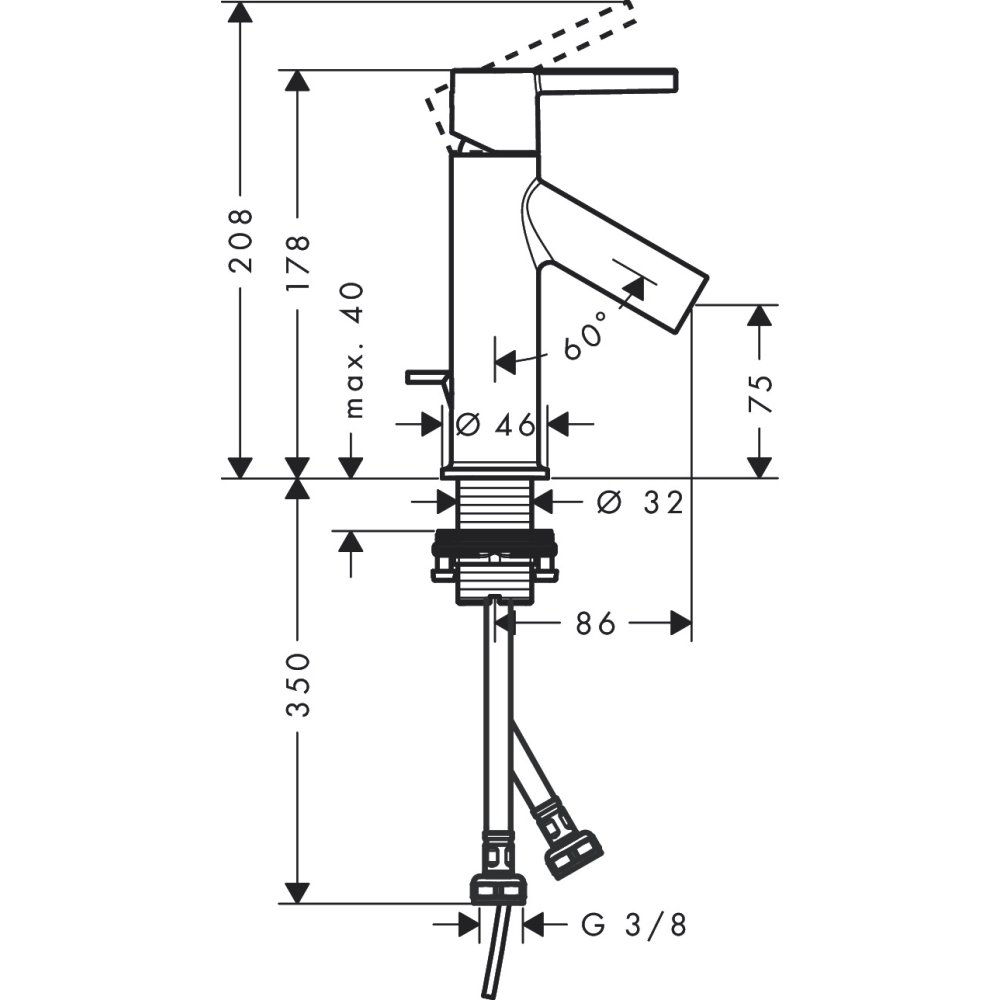 Смеситель для раковины Axor Starck 80, однорычажный, с рычаговой рукояткой, со сливным гарнитуром, 10102340, шлифованный черный хром 