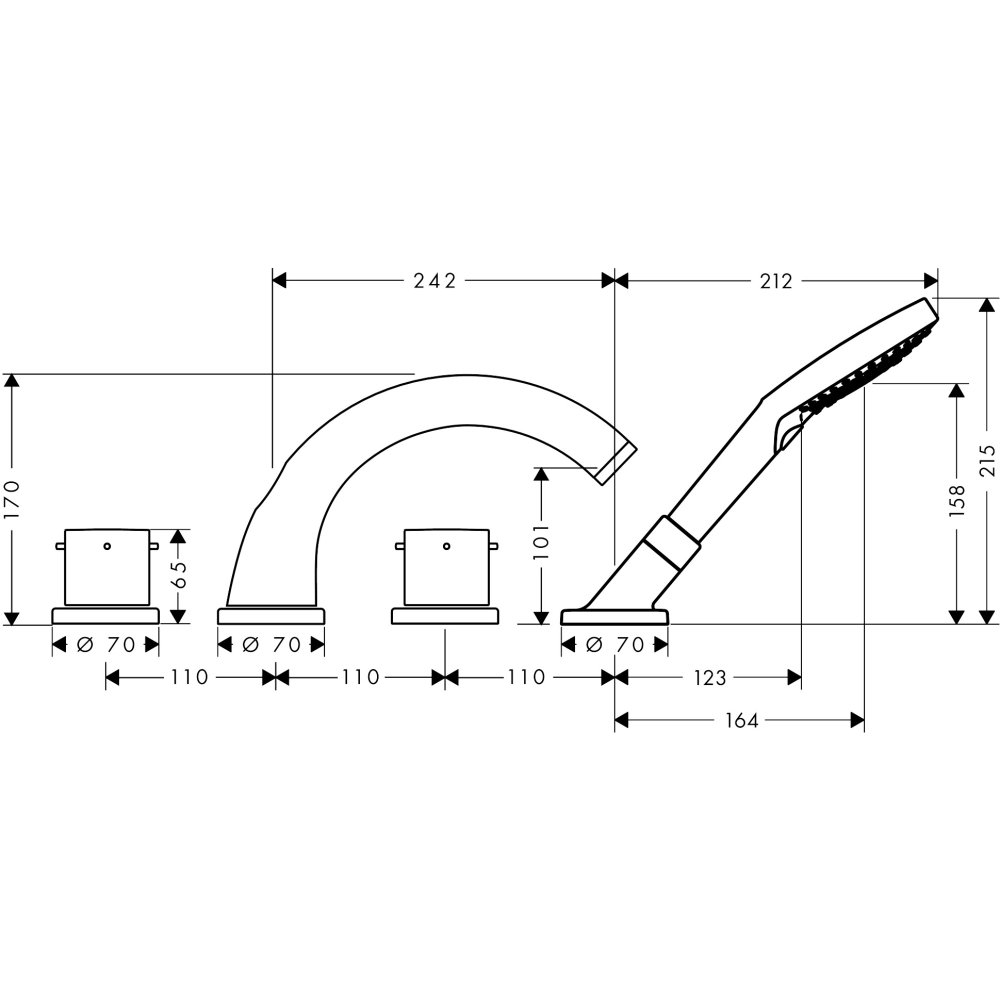 Смеситель для ванны Axor Starck, на 4 отверстия, монтаж на плитку, с рукоятками zero, 10451310, шлифованное красное золото