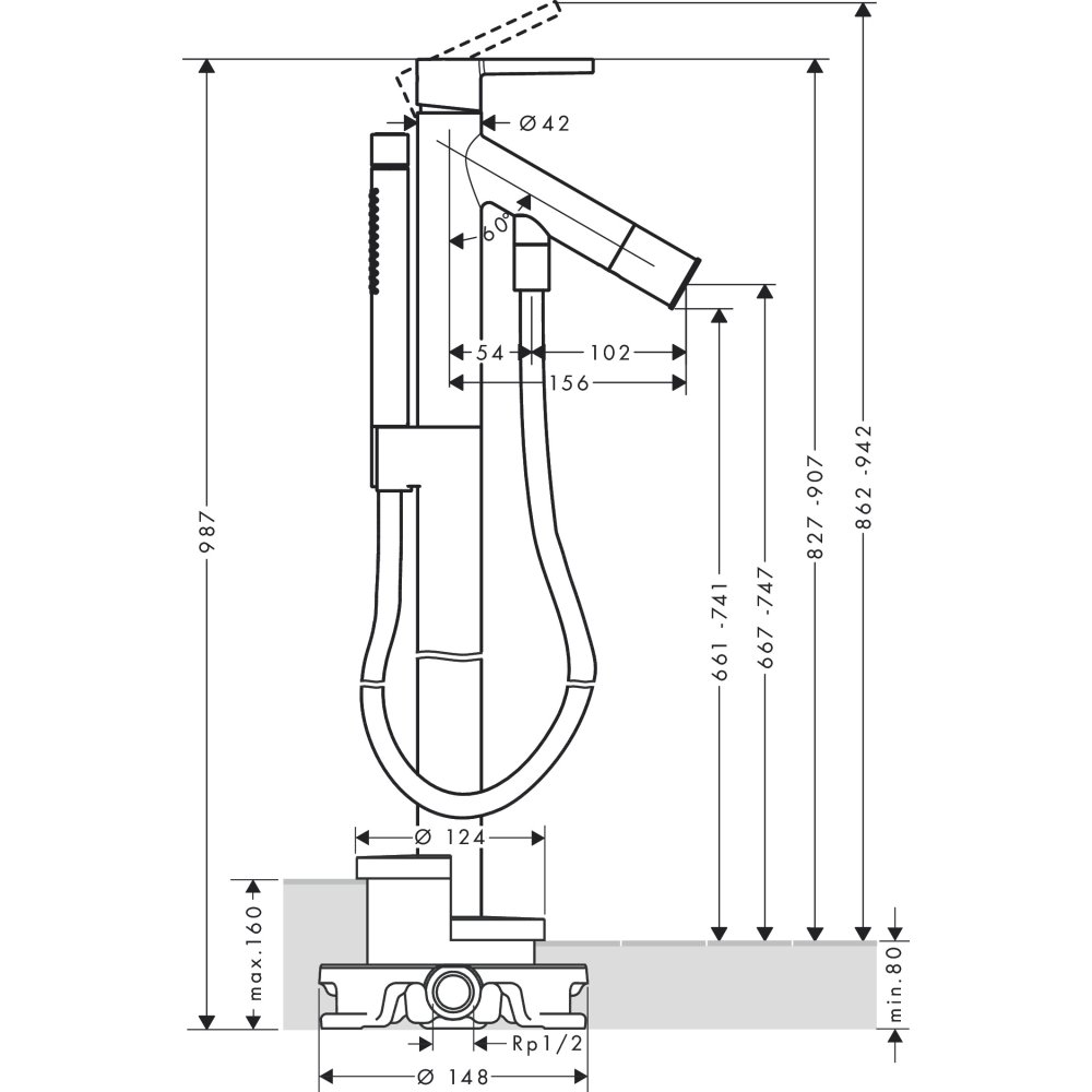 Смеситель для ванны напольный Axor Starck, однорычажный, с плоской рычаговой рукояткой, 10455310, шлифованное красное золото