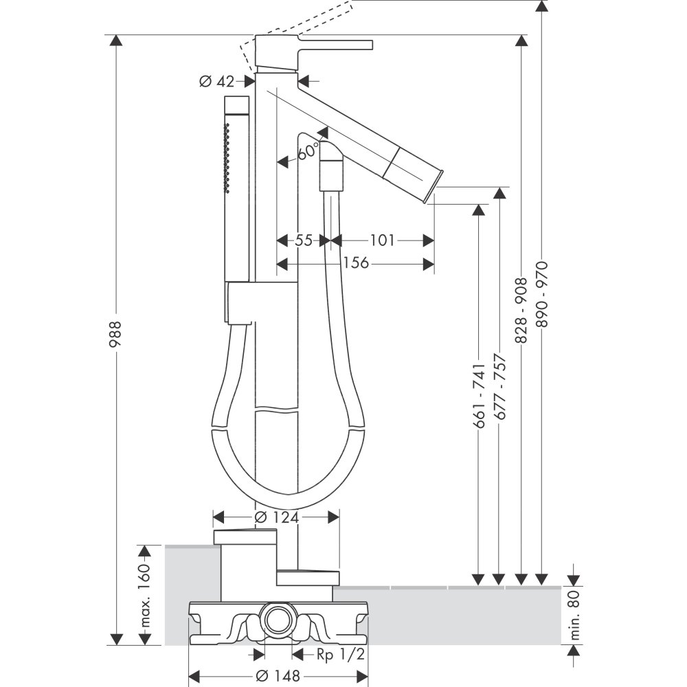 Смеситель для ванны напольный Axor Starck, однорычажный, с круглой рычаговой рукояткой, 10456820, шлифованный никель