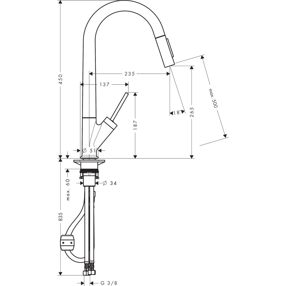 Смеситель для кухни Axor Starck 270, однорычажный, с вытяжным душем, 10821140, шлифованная бронза