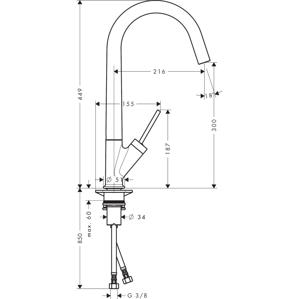 Смеситель для кухни Axor Starck 300, однорычажный, с поворотным изливом, 10822330, полированный черный хром 