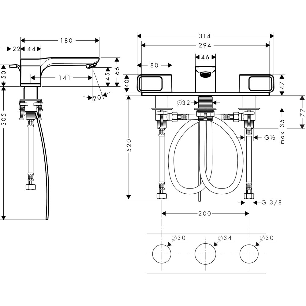 Смеситель для раковины Axor Urquiola 50, на 3 отверстия, с панелью, со сливным гарнитуром, 11040250, шлифованное золото