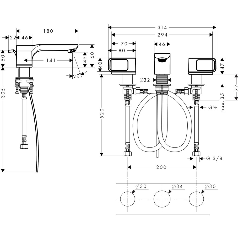 Смеситель для раковины Axor Urquiola 50, на 3 отверстия, с отдельными розетками, со сливным гарнитуром, 11041250, шлифованное золото