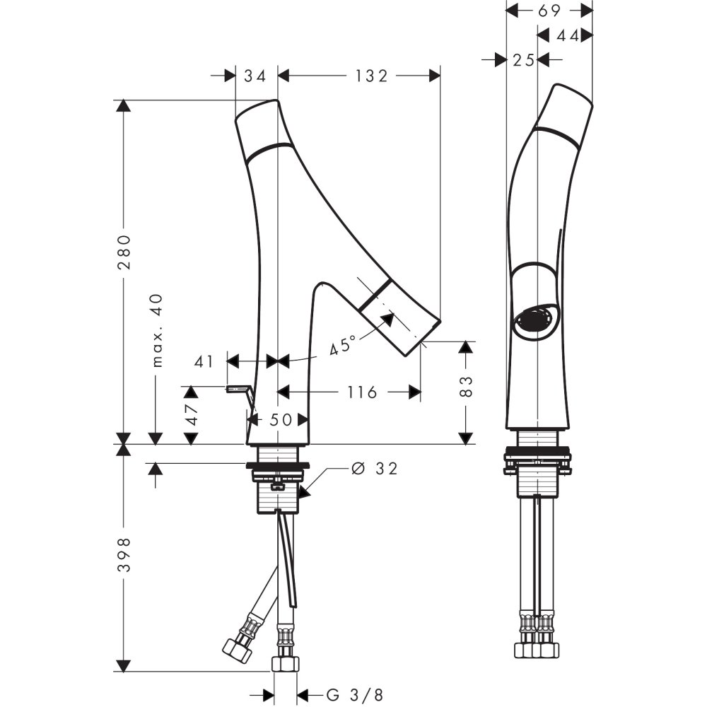 Смеситель для раковины Axor Starck Organic 80, с двумя рукоятками, со сливным гарнитуром, 12010330, полированный черный хром 