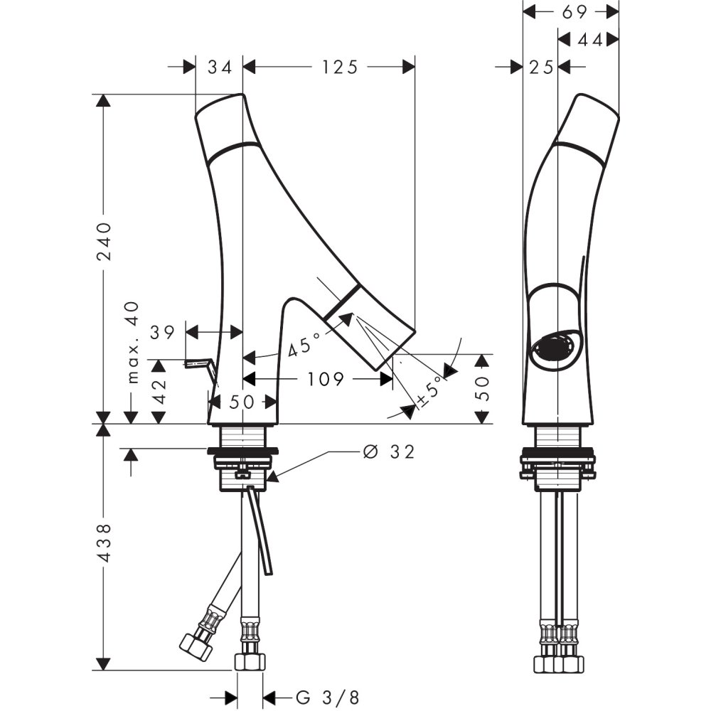 Смеситель для раковины Axor Starck Organic 50, с двумя рукоятками, для гостевой раковины, со сливным гарнитуром, 12014800, сталь