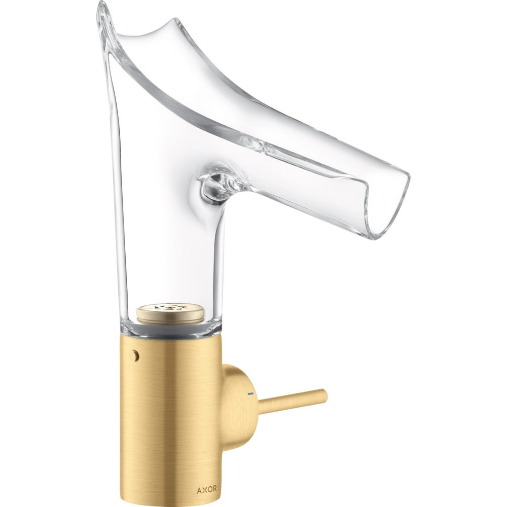 Смеситель для раковины Axor Starck V, со стеклянным изливом, однорычажный, 140, с не запираемым сливным набором, 12112250, шлифованное золото
