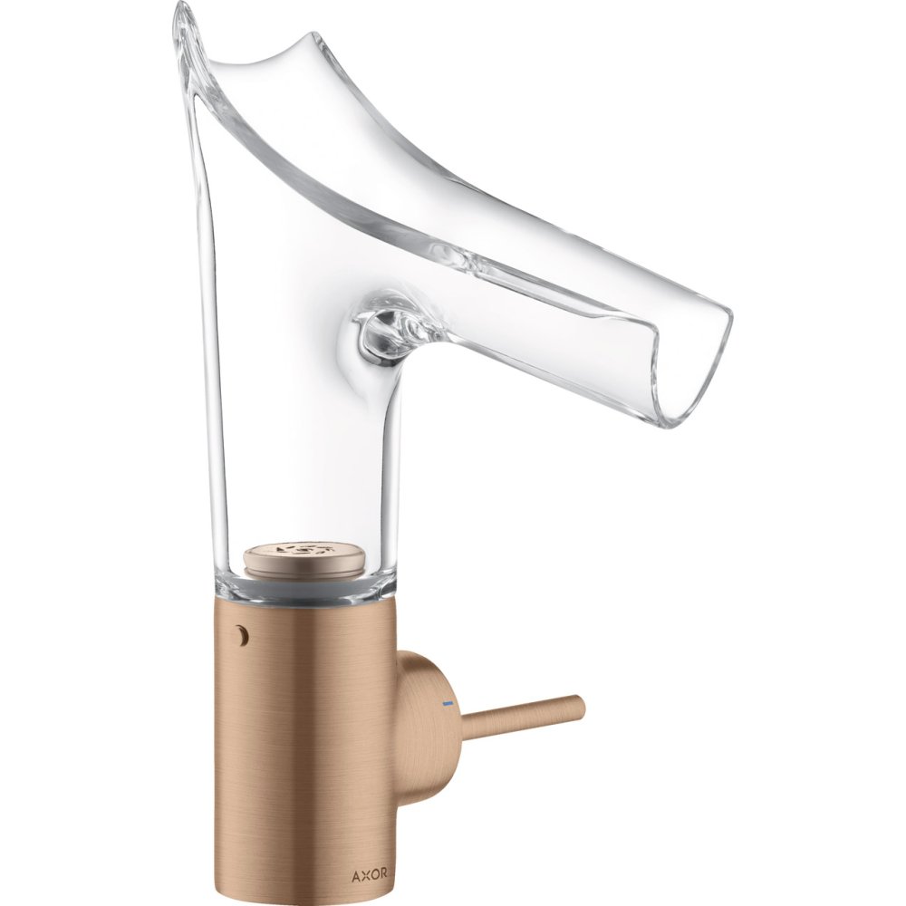 Смеситель для раковины Axor Starck V, со стеклянным изливом, однорычажный, 140, с не запираемым сливным набором, 12112310, шлифованное красное золото
