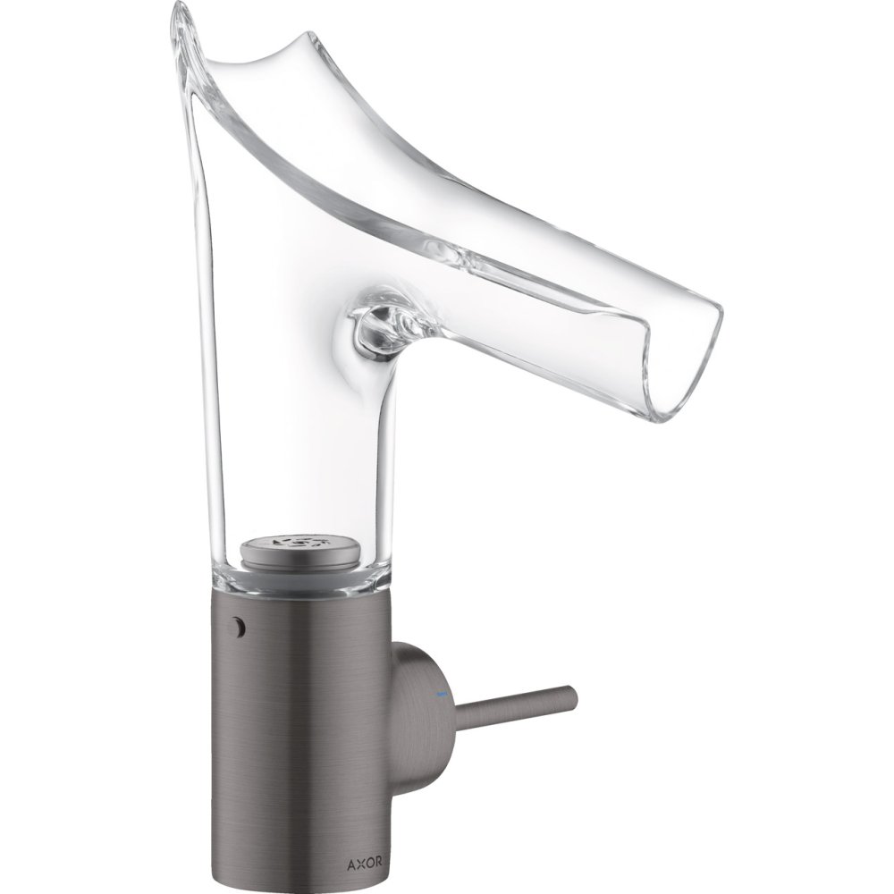 Смеситель для раковины Axor Starck V, со стеклянным изливом, однорычажный, 140, с не запираемым сливным набором, 12112340, шлифованный черный хром 