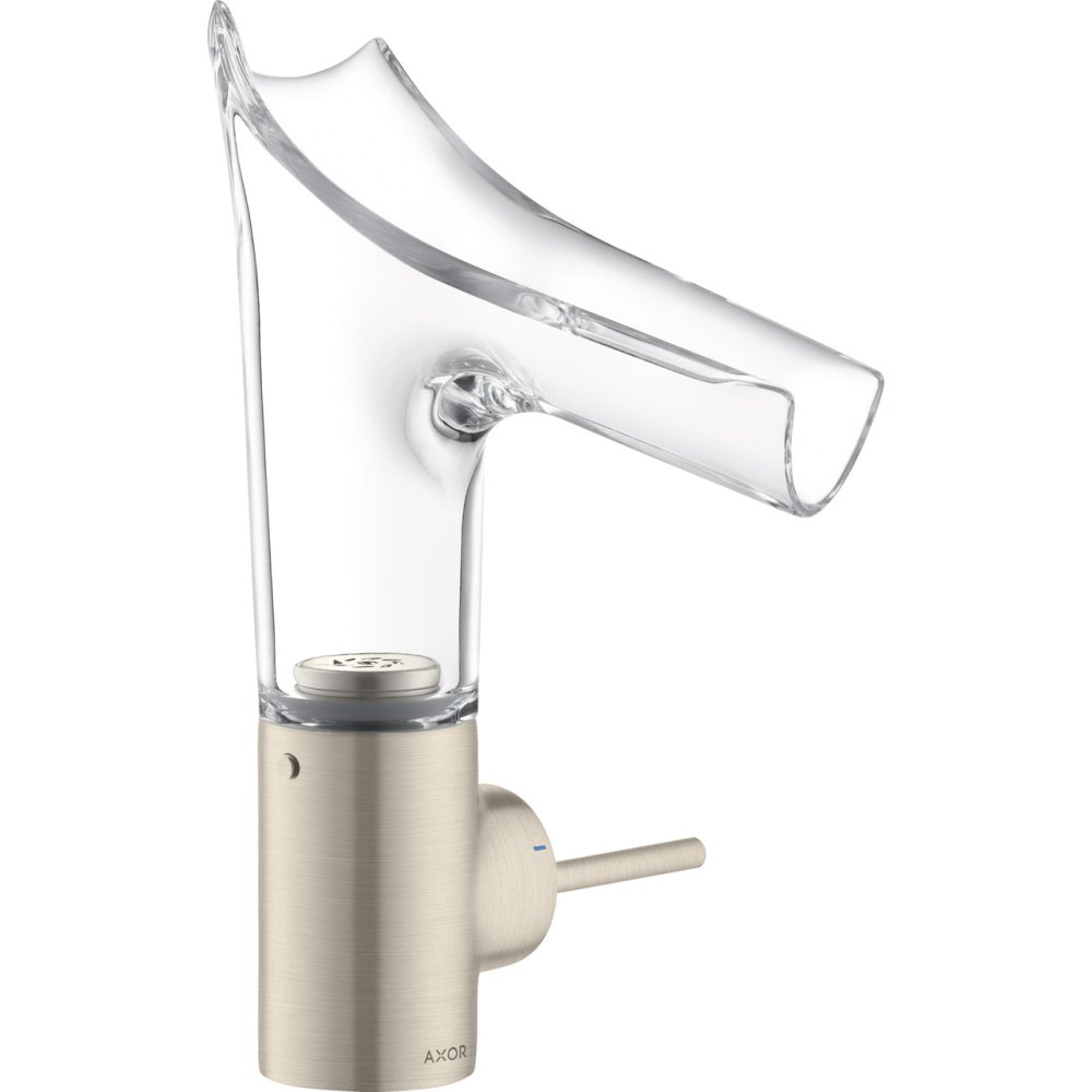 Смеситель для раковины Axor Starck V, со стеклянным изливом, однорычажный, 140, с не запираемым сливным набором, 12112820, шлифованный никель