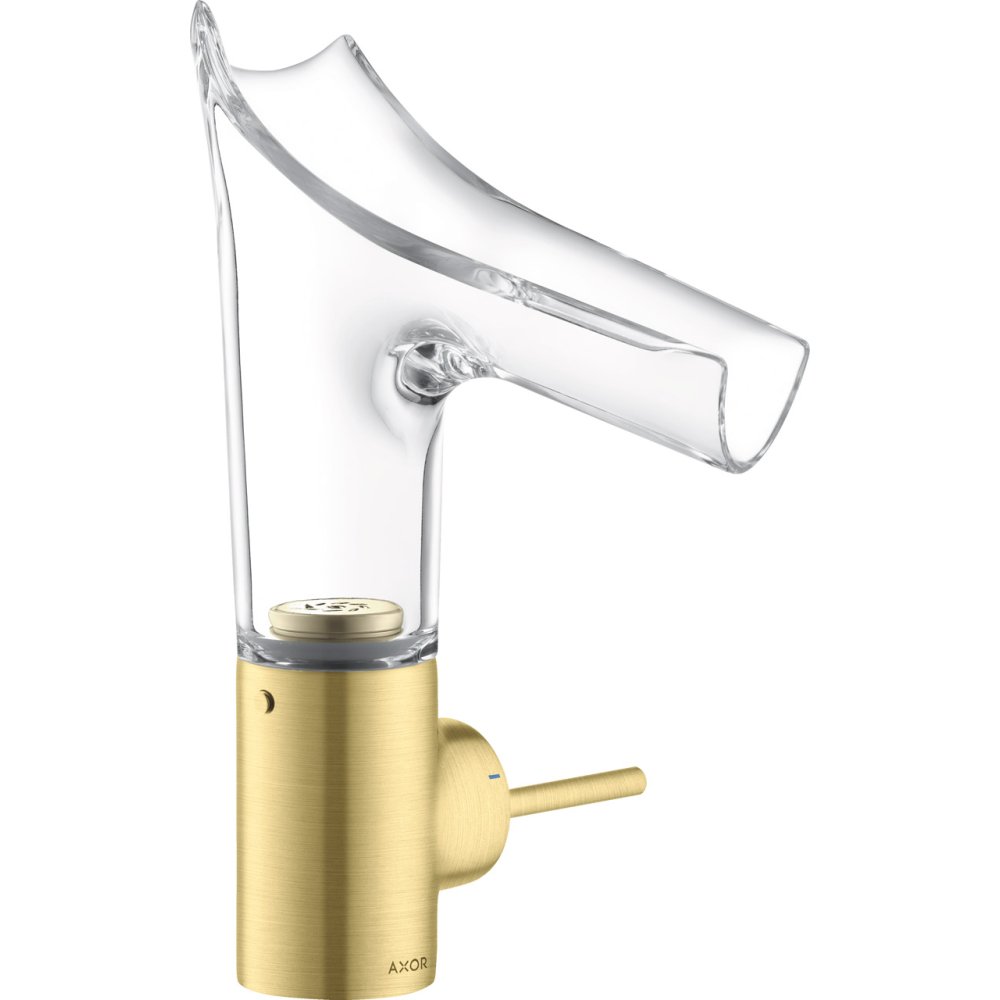 Смеситель для раковины Axor Starck V, со стеклянным изливом, однорычажный, 140, с не запираемым сливным набором, 12112950, шлифованная медь