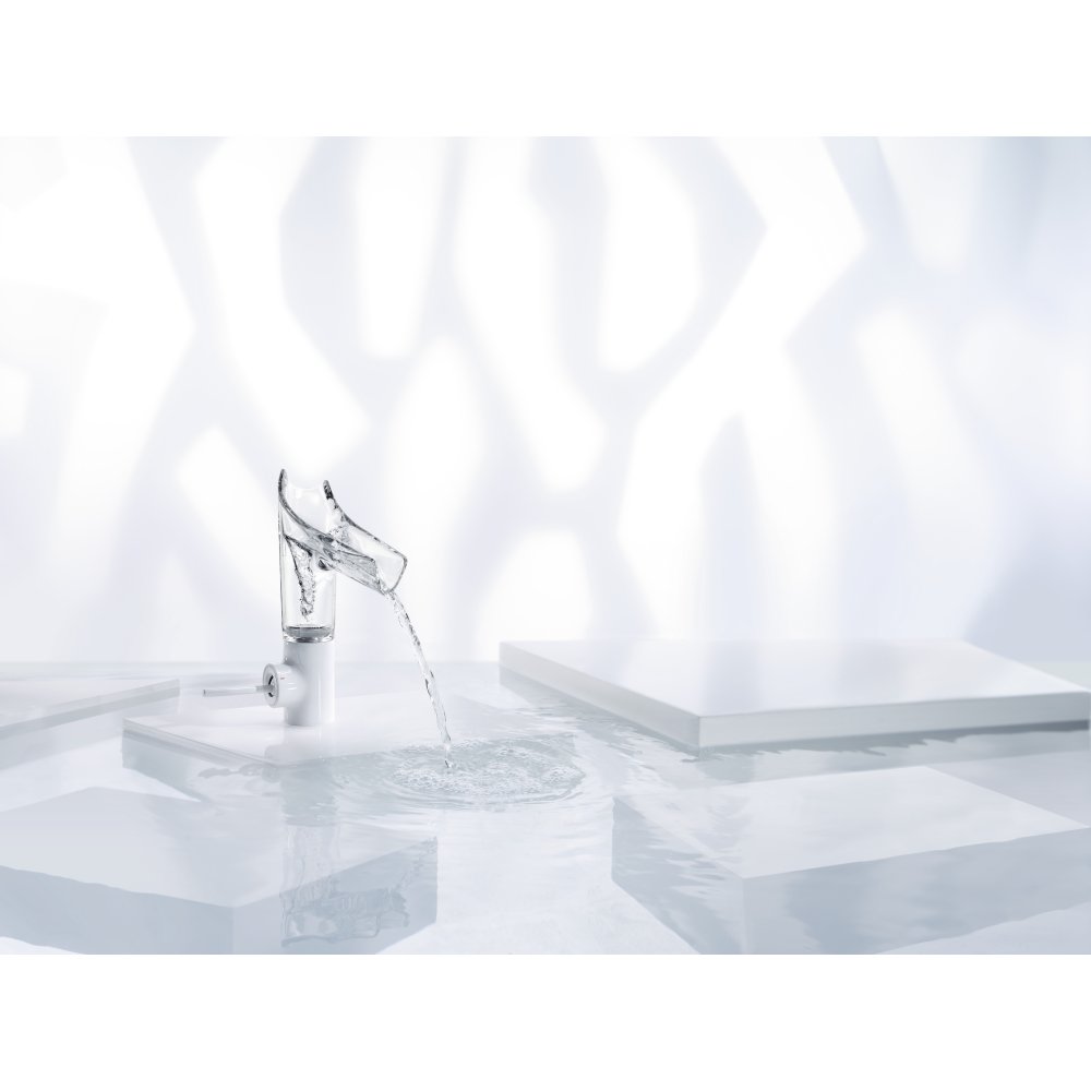 Смеситель для раковины Axor Starck V, со стеклянным изливом, однорычажный, 140, с не запираемым сливным набором, 12112990, полированное золото