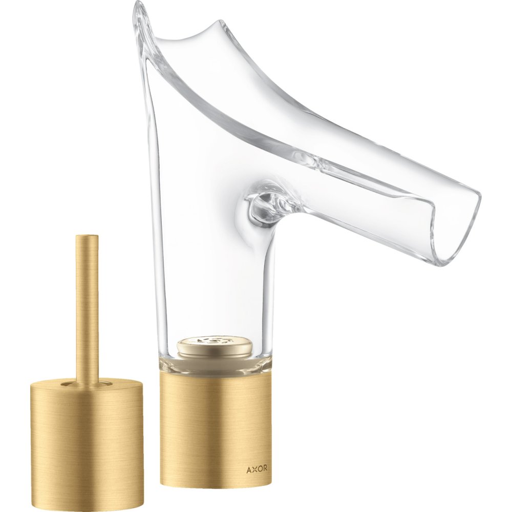 Смеситель для раковины Axor Starck V, на 2 отверстия, со стеклянным изливом 110, с не запираемым сливным набором, 12115250, шлифованное золото