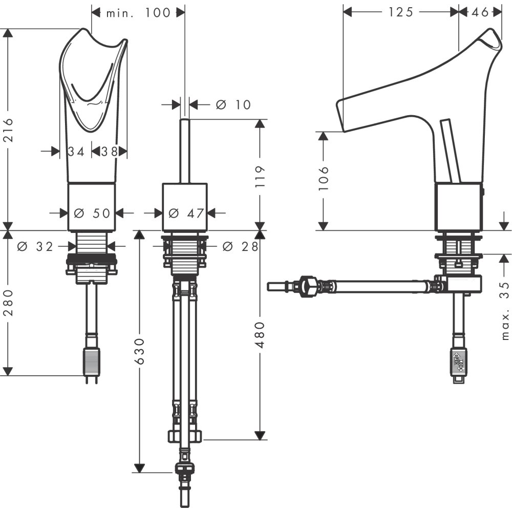 Смеситель для раковины Axor Starck V, на 2 отверстия, со стеклянным изливом 110, с не запираемым сливным набором, 12115300, полированное красное золото 