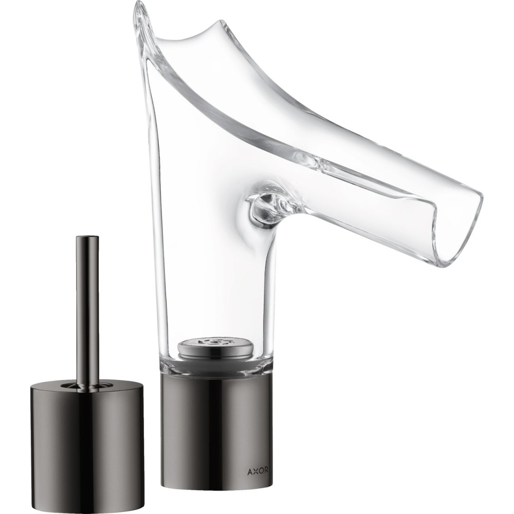 Смеситель для раковины Axor Starck V, на 2 отверстия, со стеклянным изливом 110, с не запираемым сливным набором, 12115330, полированный черный хром 