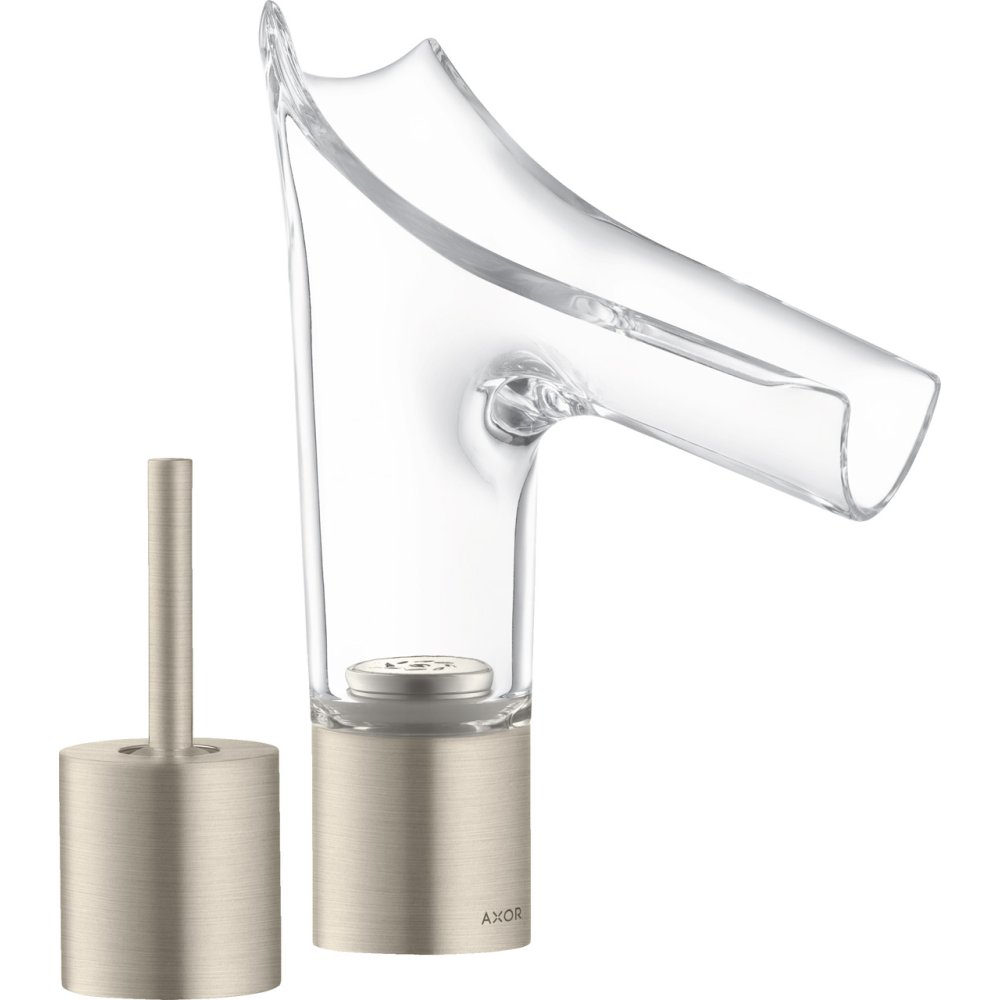 Смеситель для раковины Axor Starck V, на 2 отверстия, со стеклянным изливом 110, с не запираемым сливным набором, 12115820, шлифованный никель