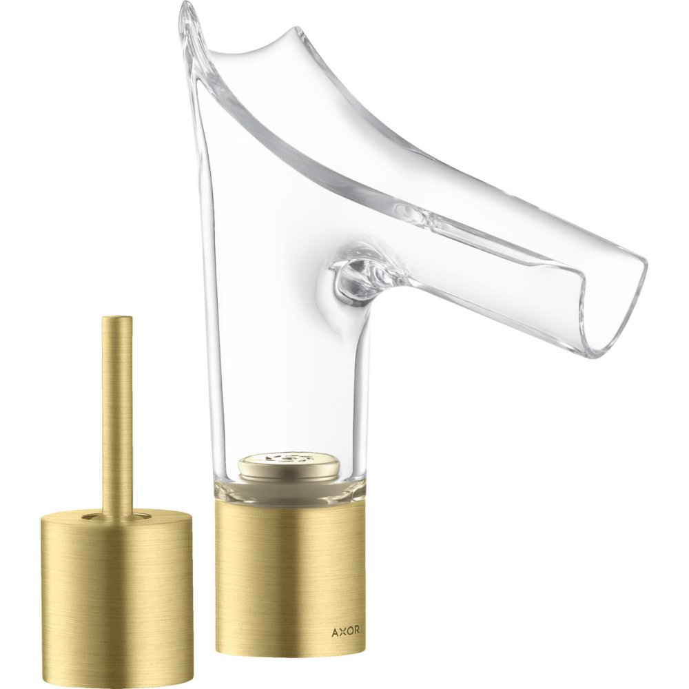 Смеситель для раковины Axor Starck V, на 2 отверстия, со стеклянным изливом 110, с не запираемым сливным набором, 12115950, шлифованная медь