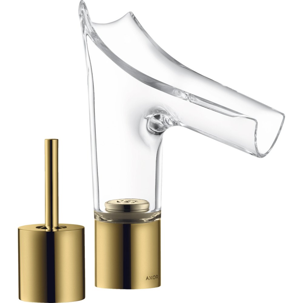 Смеситель для раковины Axor Starck V, на 2 отверстия, со стеклянным изливом 110, с не запираемым сливным набором, 12115990, полированное золото