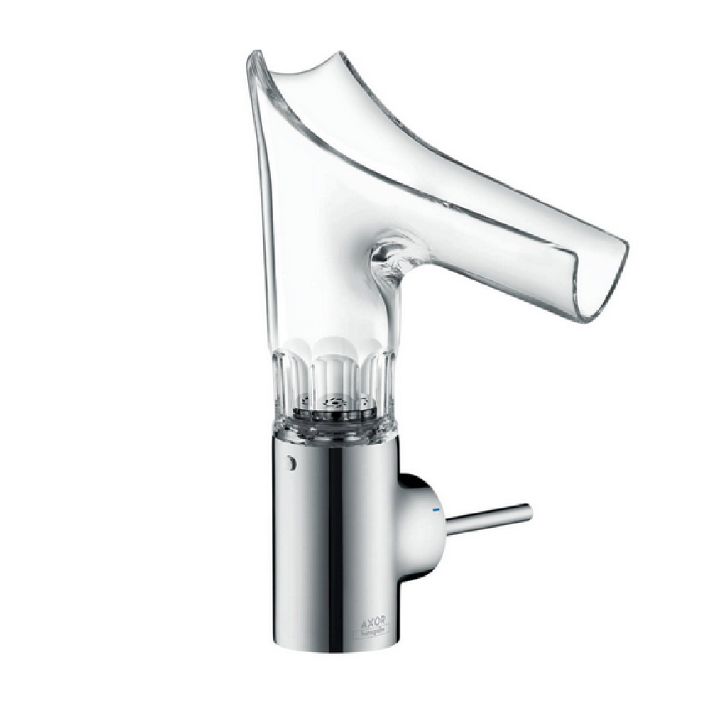 Смеситель для раковины AXOR Starck V 140 мм со стеклянным изливом с незапираемым сливным набором с фасетной огранкой  12123000