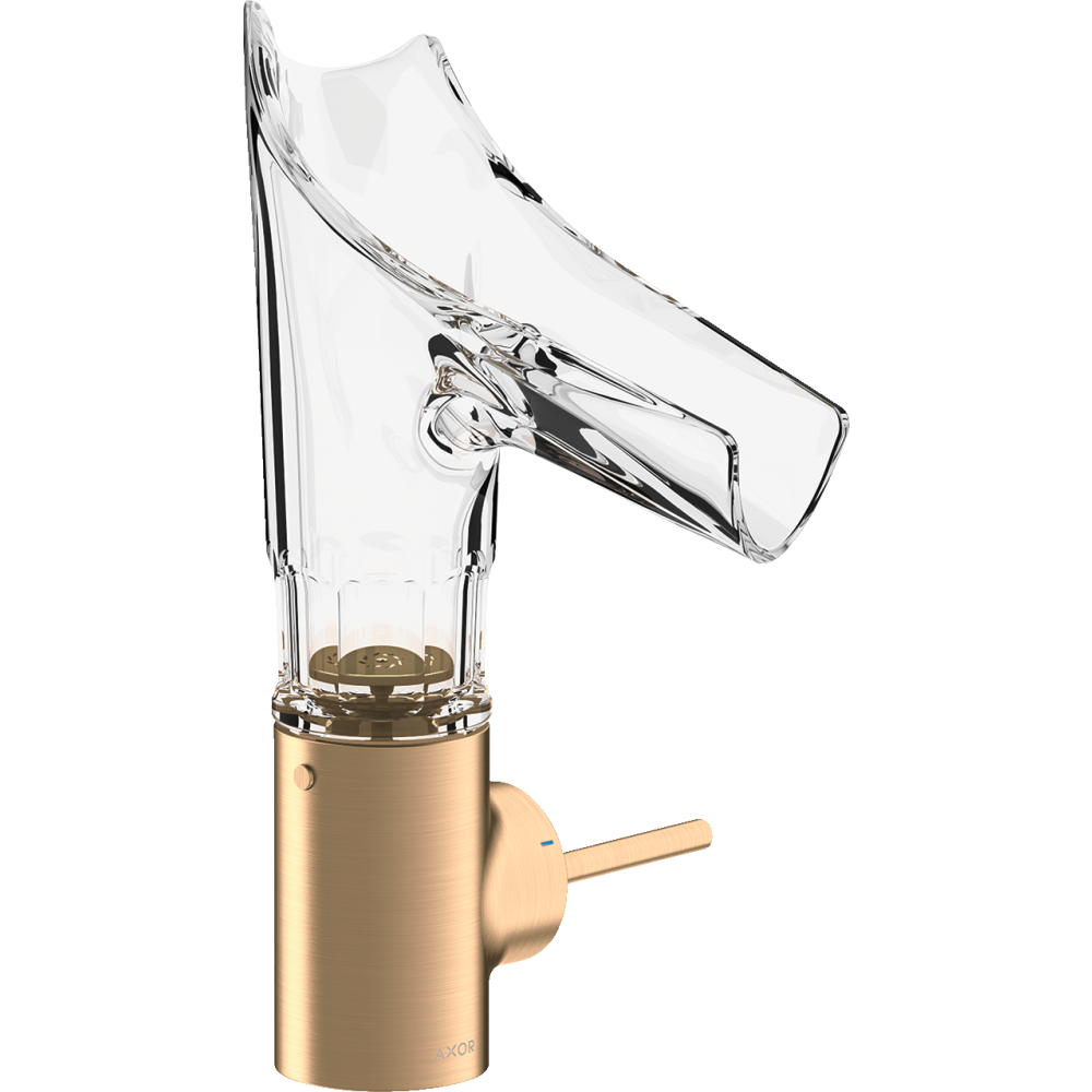 Смеситель для раковины Axor Starck V, однорычажный, 140, со стеклянным изливом, с фасетной огранкой, с не запираемым сливным набором, 12123140, шлифованная бронза