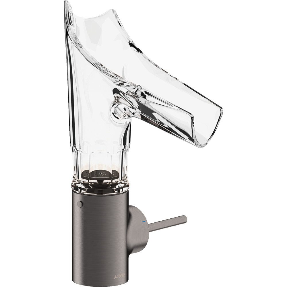 Смеситель для раковины Axor Starck V, однорычажный, 140, со стеклянным изливом, с фасетной огранкой, с не запираемым сливным набором, 12123340, шлифованный черный хром 