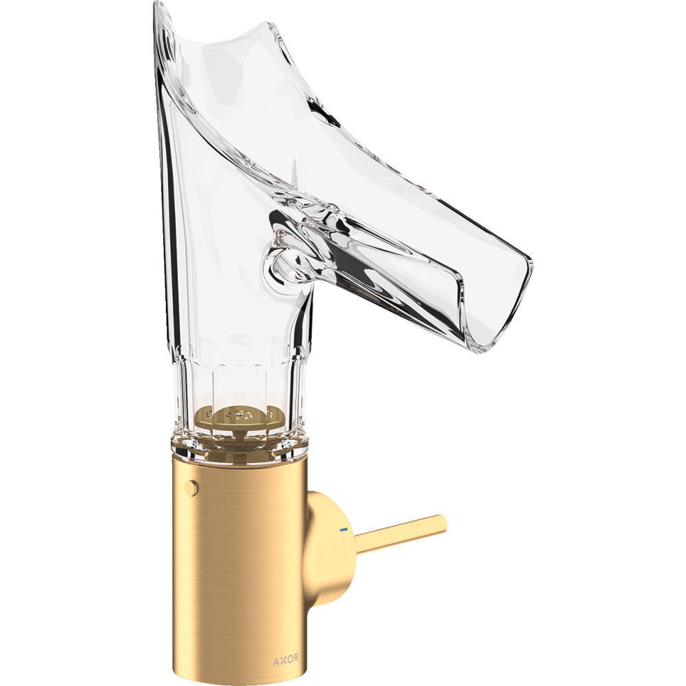 Смеситель для раковины Axor Starck V, однорычажный, 140, со стеклянным изливом, с фасетной огранкой, с не запираемым сливным набором, 12123950, шлифованная медь