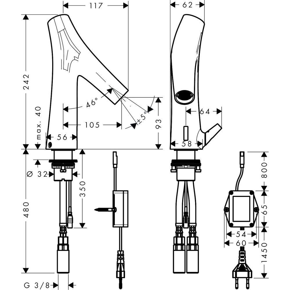 Смеситель для раковины Axor Starck Organic, электронный, с регулировкой температуры, питание от сети 230V, 12173800, сталь