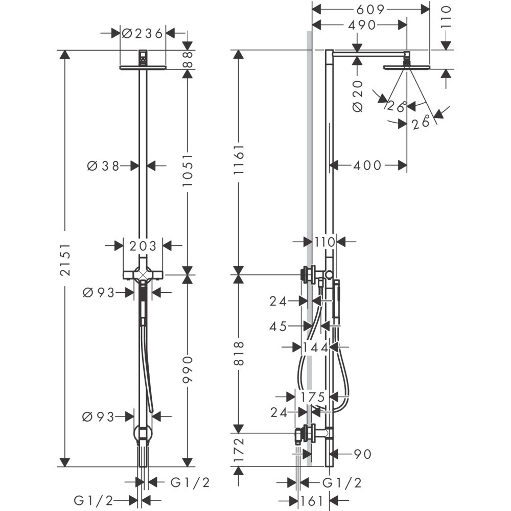 Душевая стойка Axor Starck Nature, с верхним душем 240 1jet, 12670800, сталь