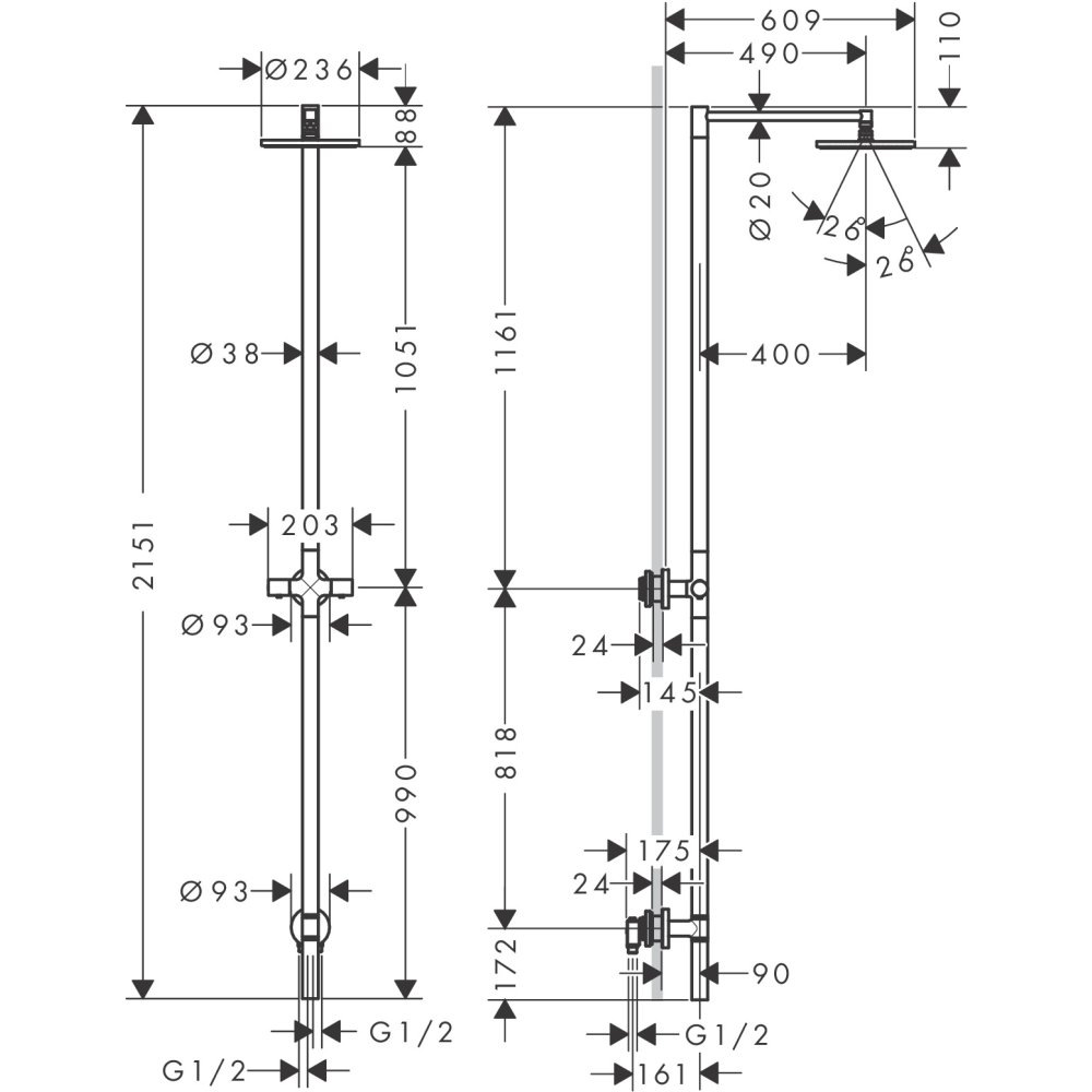 Душевая стойка Axor Starck Nature, с верхним душем 240 1jet, 12671300, полированное красное золото 
