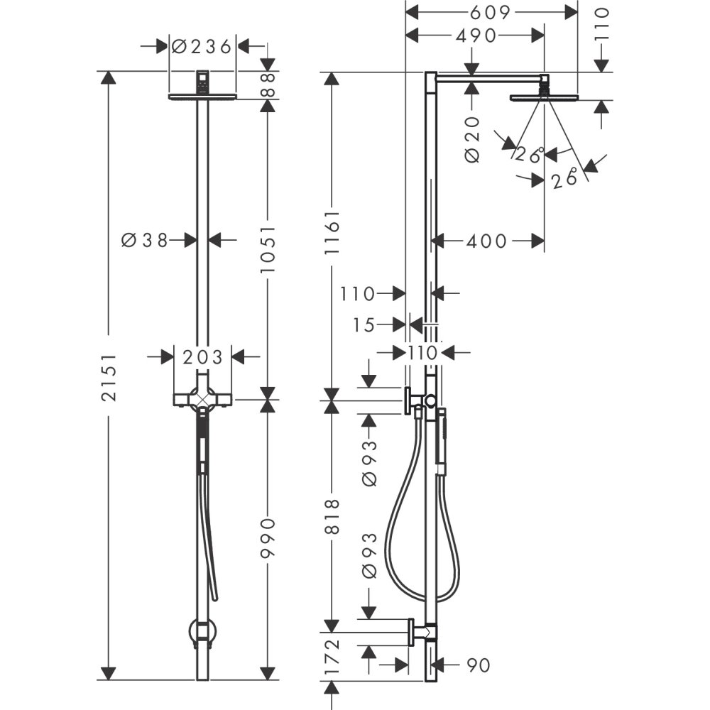 Душевая стойка Axor Starck Nature, с термостатом и верхним душем 240 1jet, 12672820, шлифованный никель