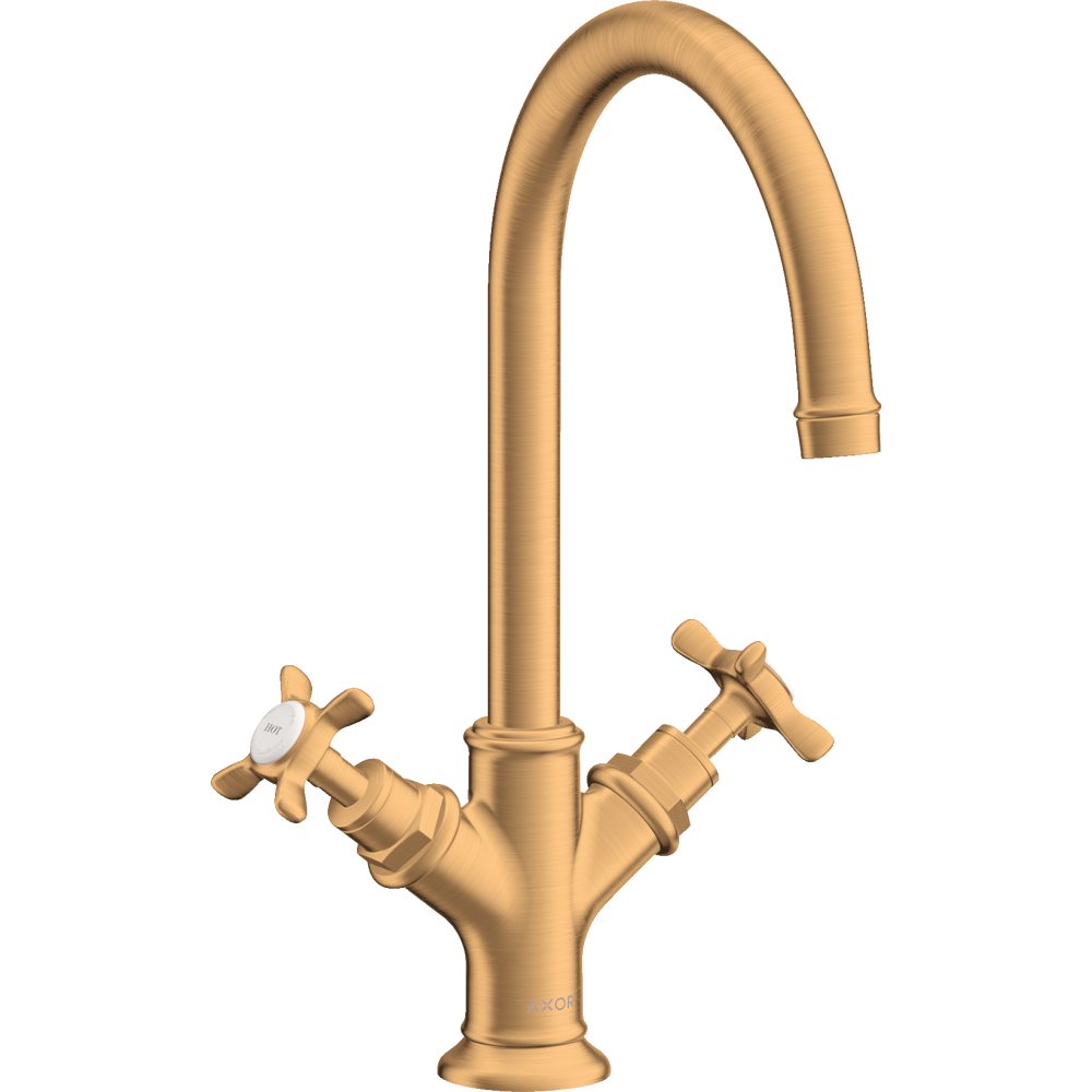 Смеситель для раковины Axor Montreux 210, с 2 крестообразными рукоятками, со сливным гарнитуром, 16502250, шлифованное золото