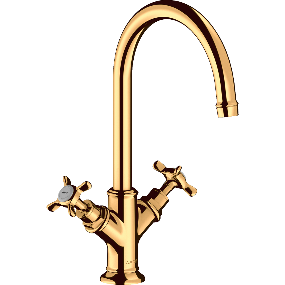 Смеситель для раковины Axor Montreux 210, с 2 крестообразными рукоятками, с не запираемым сливным набором, 16506990, полированное золото