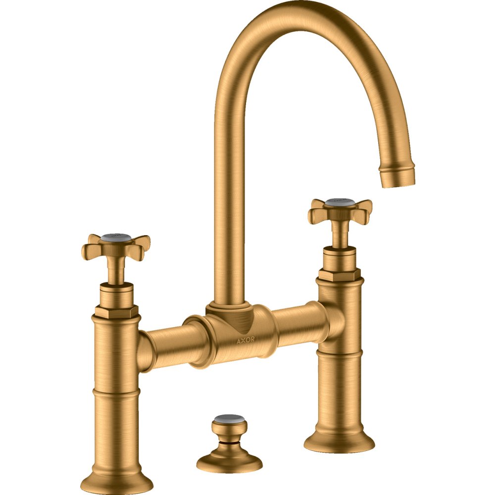 Смеситель для раковины Axor Montreux 220, с 2 крестообразными рукоятками, со сливным гарнитуром, 16510250, шлифованное золото