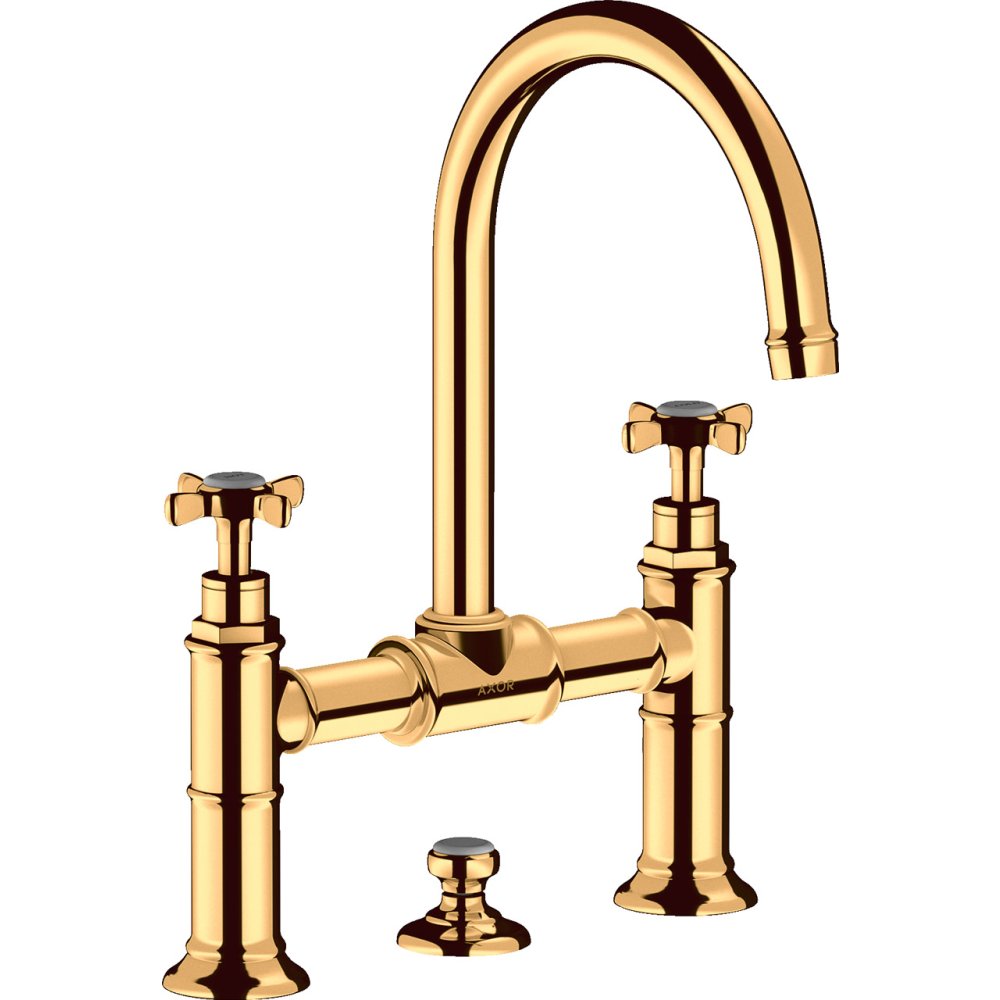 Смеситель для раковины Axor Montreux 220, с 2 крестообразными рукоятками, со сливным гарнитуром, 16510990, полированное золото