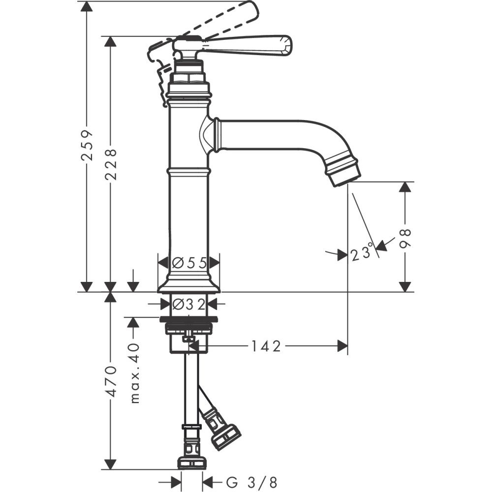 Смеситель для раковины Axor Montreux 100, однорычажный, с рычаговой рукояткой, с не запираемым сливным набором, 16516300, полированное красное золото 