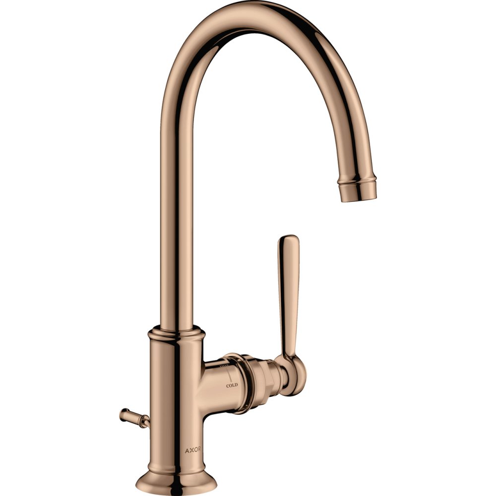 Смеситель для раковины Axor Montreux 210, однорычажный, с рычаговой рукояткой, со сливным гарнитуром, 16517300, полированное красное золото 