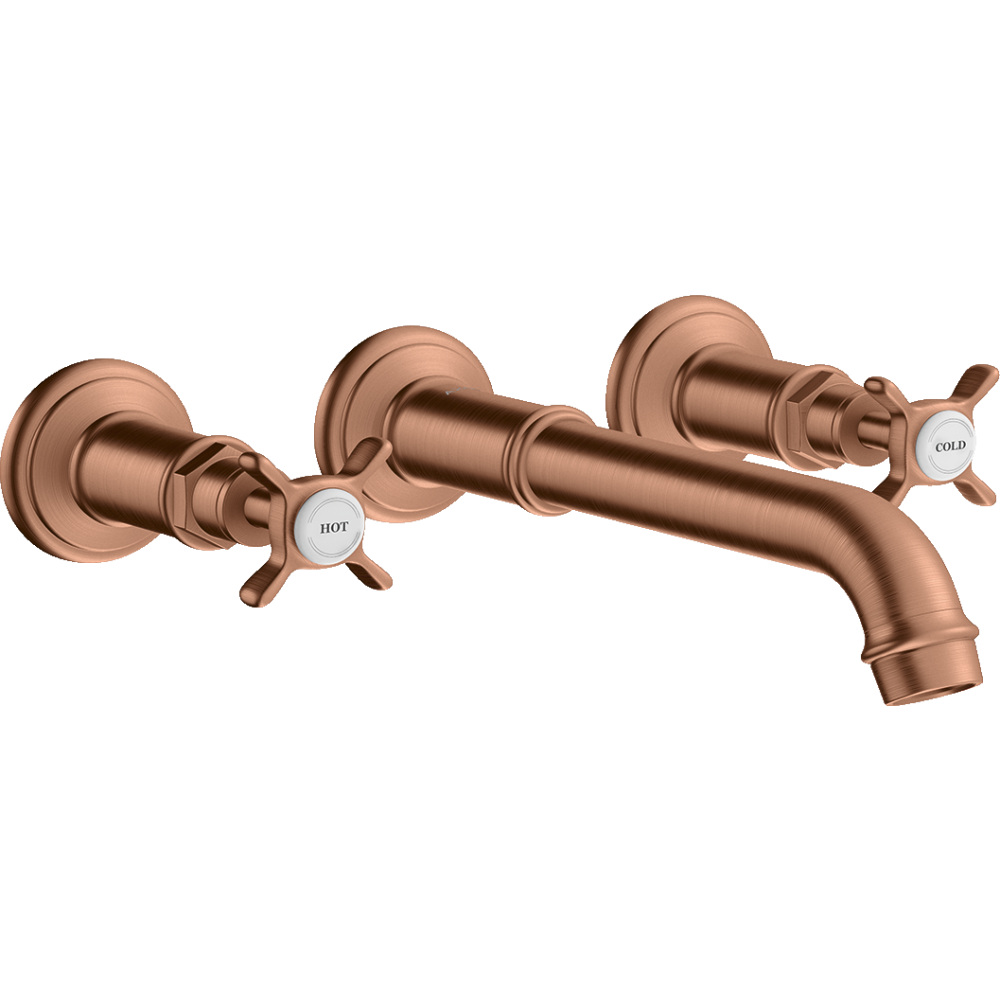 Смеситель для раковины Axor Montreux, на 3 отверстия, скрытого монтажа, с изливом 165-225 мм, с крестообразными рукоятками, 16532310, шлифованное красное золото