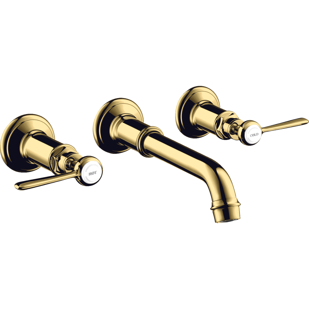 Смеситель для раковины Axor Montreux, на 3 отверстия, скрытого монтажа, с изливом 165-225 мм, с рычаговыми рукоятками, 16534990, полированное золото