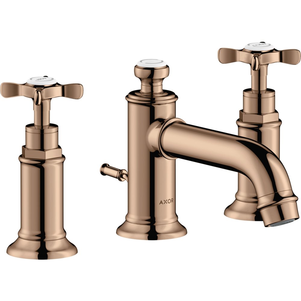 Смеситель для раковины Axor Montreux 30, на 3 отверстия, с крестообразными рукоятками, со сливным гарнитуром, 16536300, полированное красное золото 
