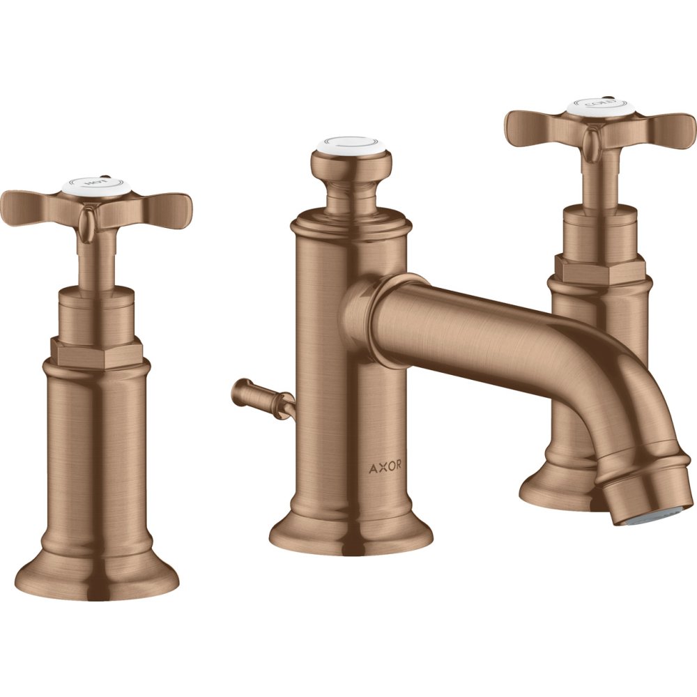 Смеситель для раковины Axor Montreux 30, на 3 отверстия, с крестообразными рукоятками, со сливным гарнитуром, 16536310, шлифованное красное золото