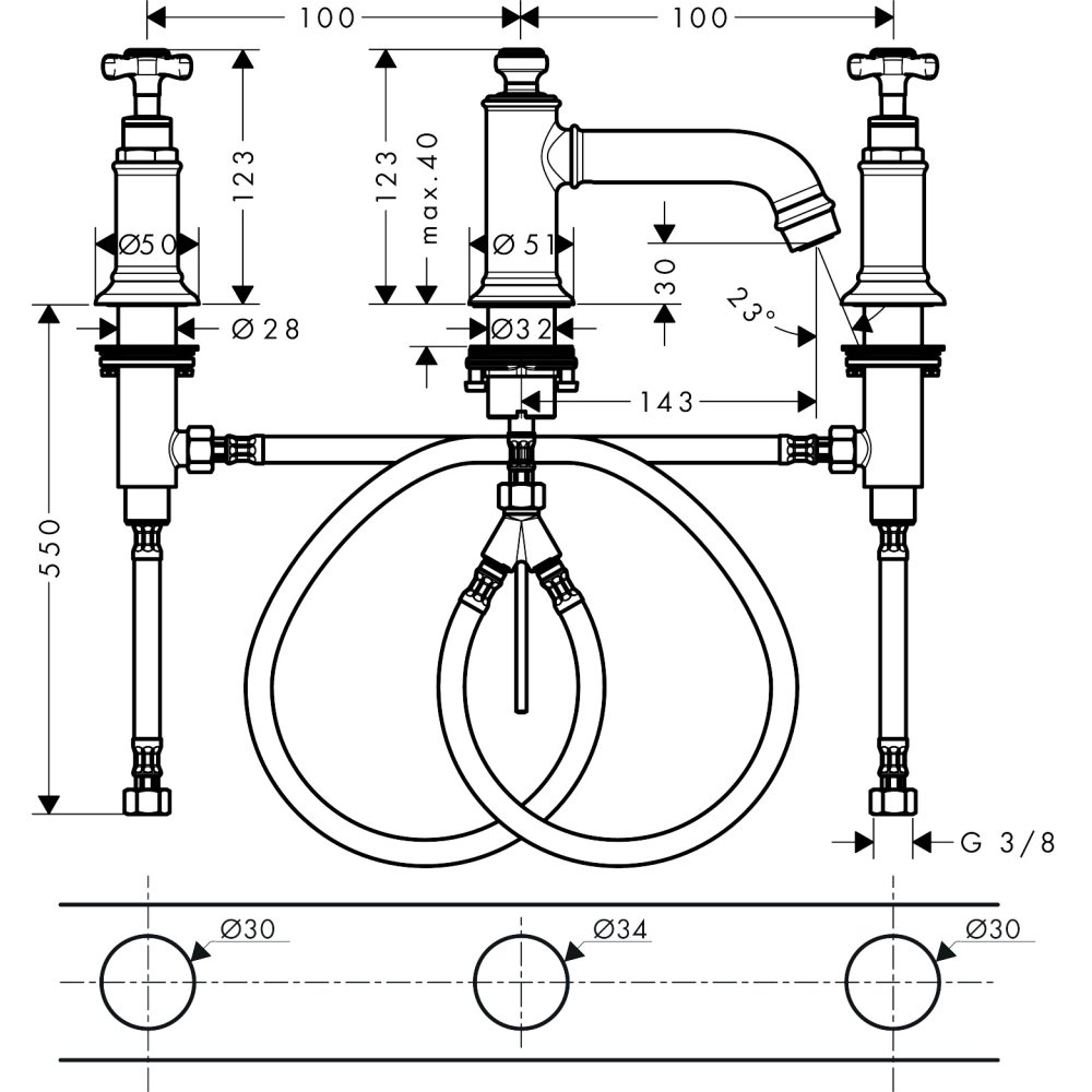 Смеситель для раковины Axor Montreux 30, на 3 отверстия, с крестообразными рукоятками, со сливным гарнитуром, 16536340, шлифованный черный хром 