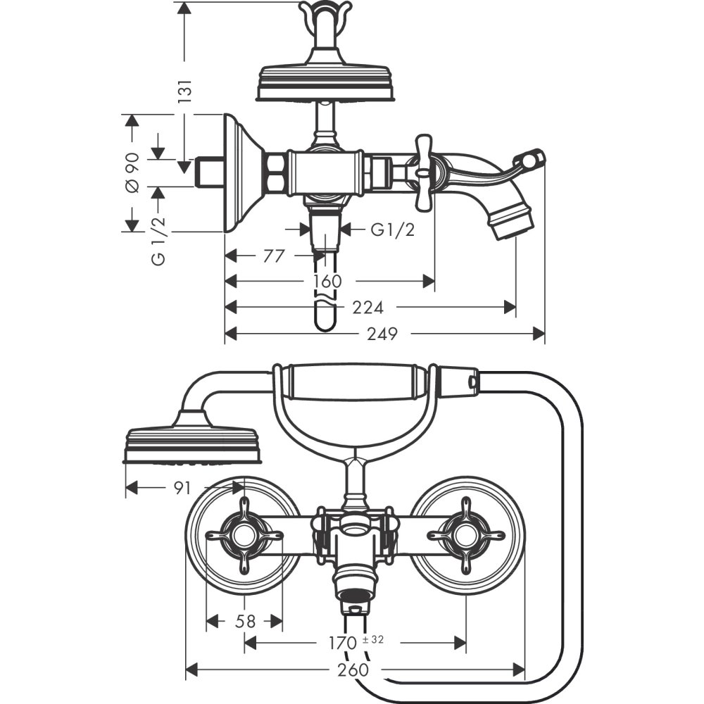 Смеситель для ванны Axor Montreux, внешнего монтажа, с 2 крестообразными рукоятками, 16540330, полированный черный хром 
