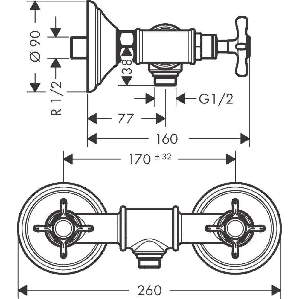 Смеситель для душа Axor Montreux, внешнего монтажа, с 2 крестообразными рукоятками, 16560950, шлифованная медь