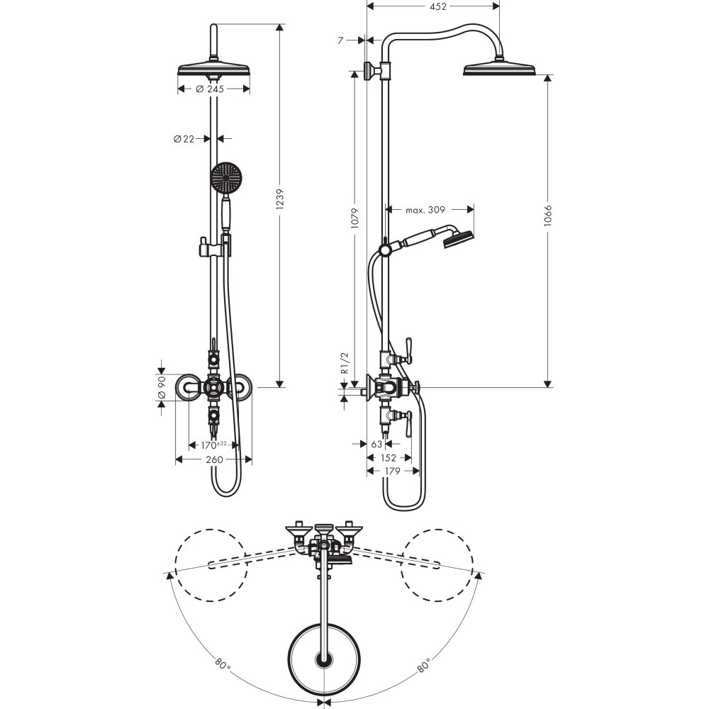 Душевая система Showerpipe 240 Axor Montreux, с термостатом и верхним душем, 16572930, полированная медь