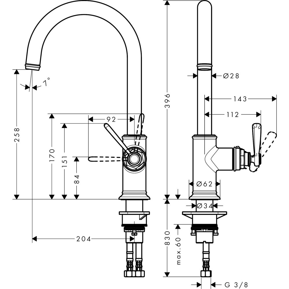 Смеситель для кухни Axor Montreux 260, однорычажный, с поворотным изливом, 16580990, полированное золото