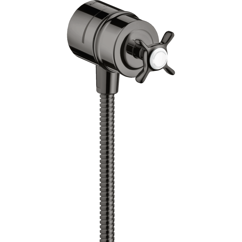 Шланговое подсоединение Fixfit Stop Axor Montreux, с клапаном обратного тока, с запорным вентилем, с крестообразной рукояткой, 16882330, полированный черный хром 