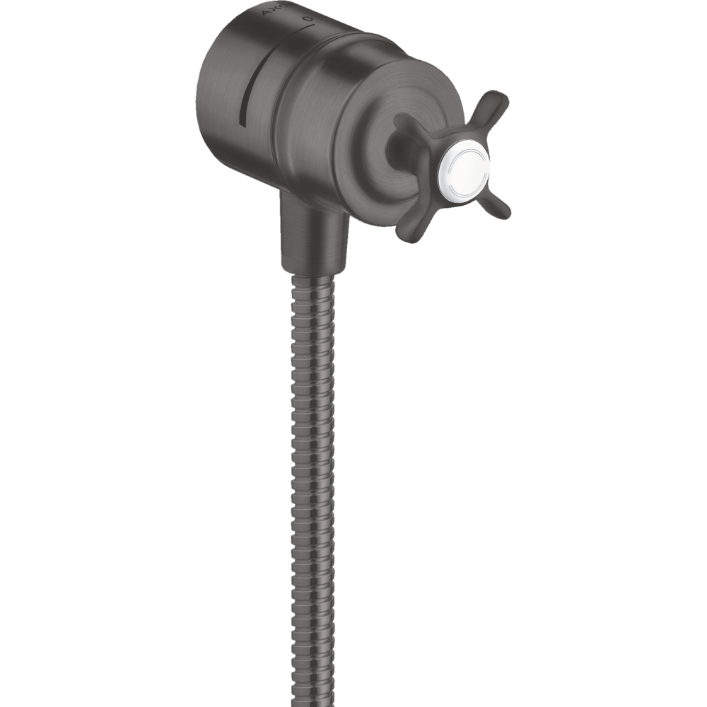 Шланговое подсоединение Fixfit Stop Axor Montreux, с клапаном обратного тока, с запорным вентилем, с крестообразной рукояткой, 16882340, шлифованный черный хром 