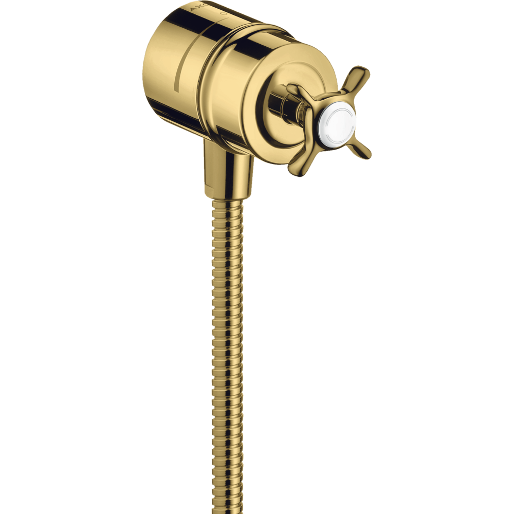 Шланговое подсоединение Fixfit Stop Axor Montreux, с клапаном обратного тока, с запорным вентилем, с крестообразной рукояткой, 16882990, полированное золото