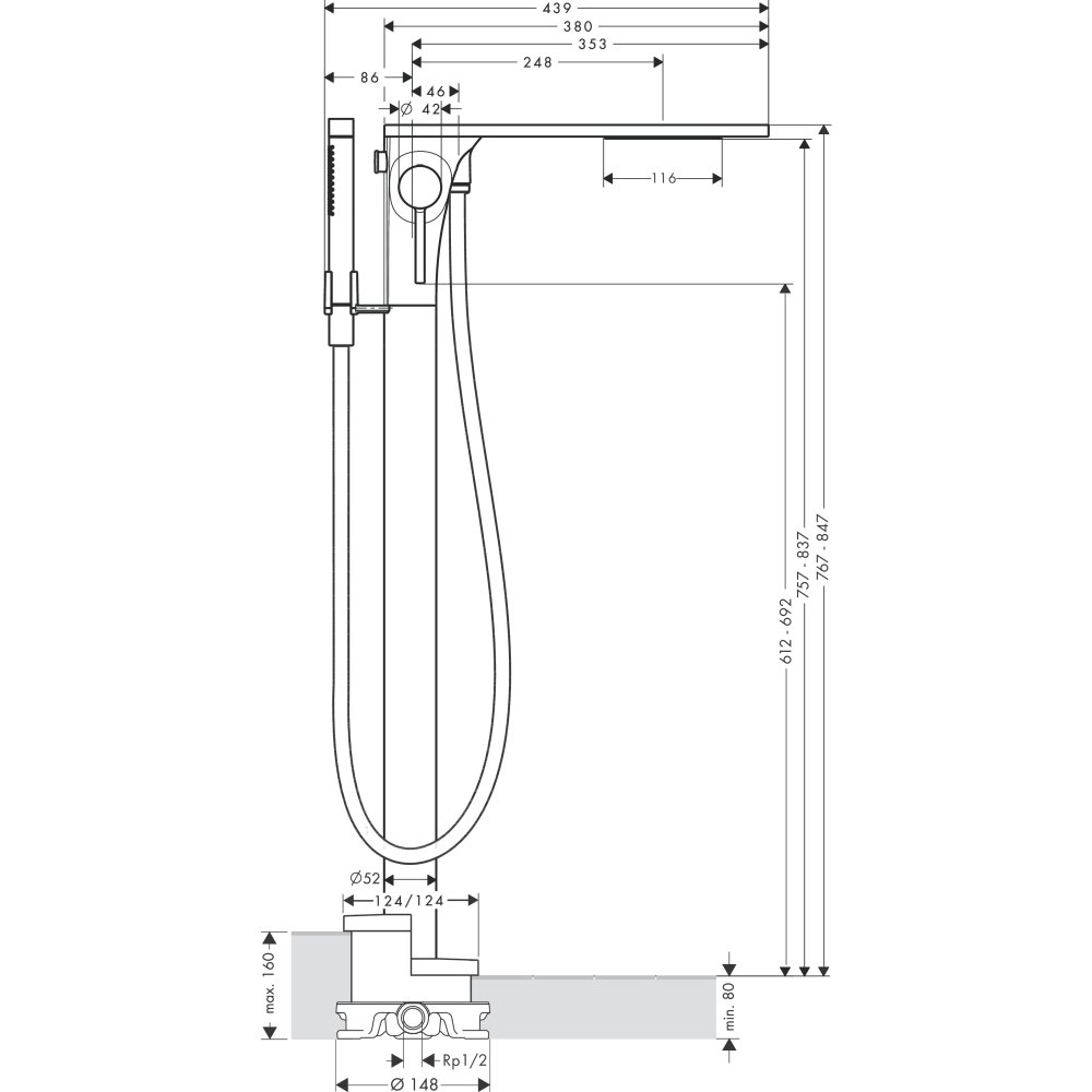 Смеситель для ванны Axor Massaud, однорычажный, напольный, 18450330, полированный черный хром 